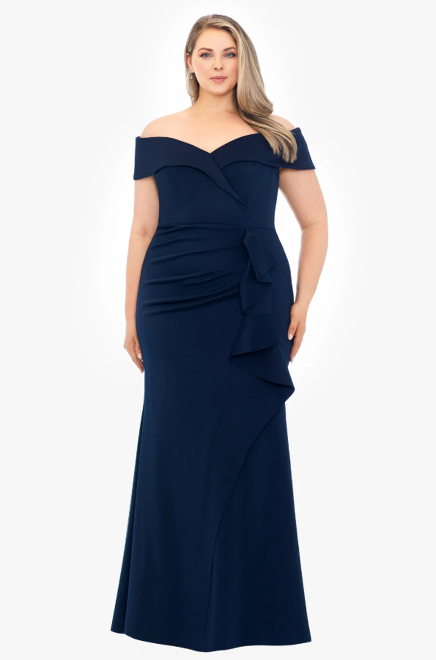 XSCAPE Patti Off the Shoulder Scuba Crepe Dress SIZE 14 Blue Midnight Gown NWT